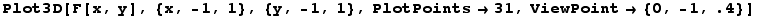 Plot3D[F[x, y], {x, -1, 1}, {y, -1, 1}, PlotPoints31, ViewPoint {0, -1, .4}]