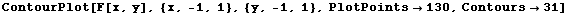 ContourPlot[F[x, y], {x, -1, 1}, {y, -1, 1}, PlotPoints130, Contours31]