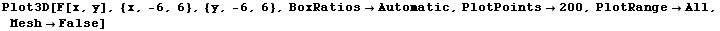 Plot3D[F[x, y], {x, -6, 6}, {y, -6, 6}, BoxRatiosAutomatic, PlotPoints200, PlotRangeAll, MeshFalse]